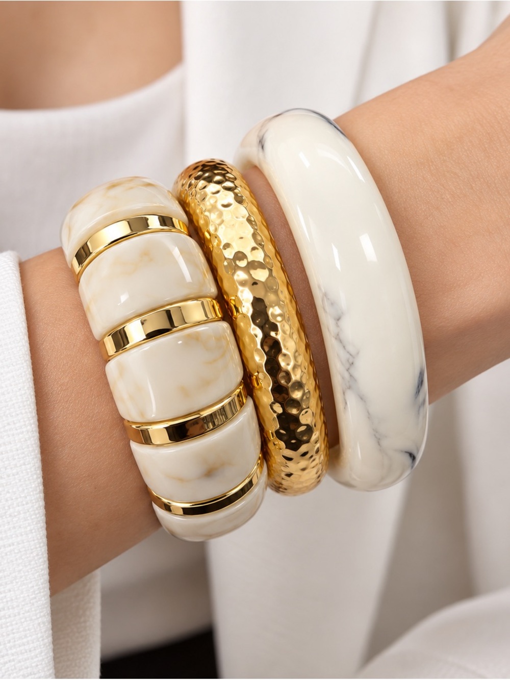 Zara White Marble-Effect and Gold Bangle Trio